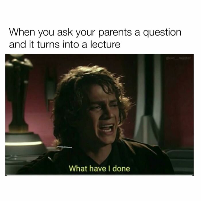 Meme showing a distressed person with text about parents turning a simple question into a long parenting lecture.