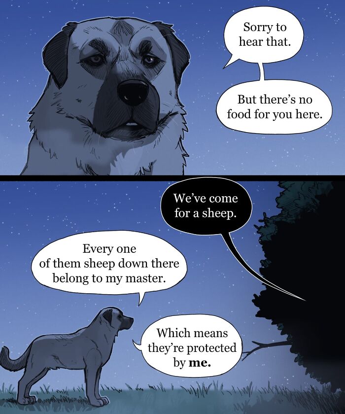 Nighttime comic scene with animals and a dog, capturing humor in pet foolery comics with emotional expressions.