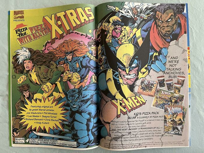 90s nostalgia with classic X-Men comic characters and vintage Pizza Hut kid’s pizza pack promotion.