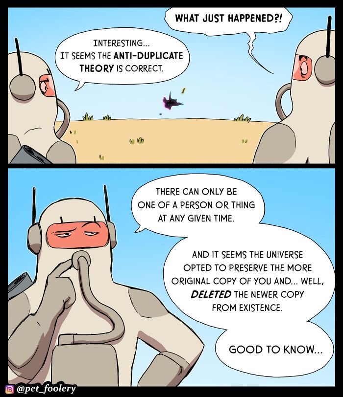 Comic from Pet Foolery shows two characters in protective suits, one firing a colorful energy weapon as the other asks what they are doing.