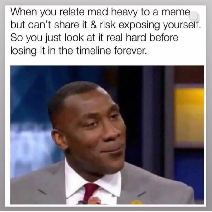 Man in suit looking amused, caption about relating to parenting memes but not sharing them to avoid exposure.