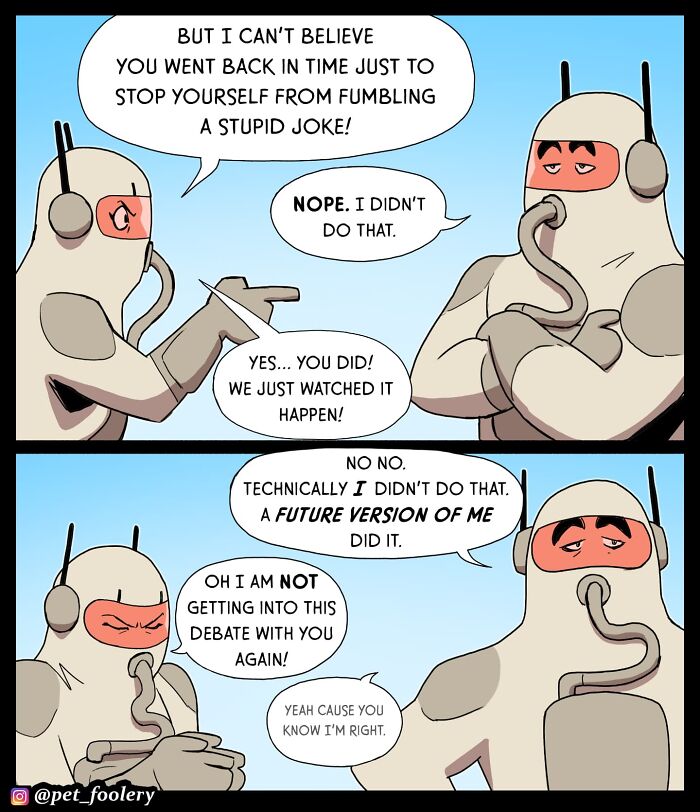 Comic from Pet Foolery shows two characters in protective suits, one firing a colorful energy weapon as the other asks what they are doing.