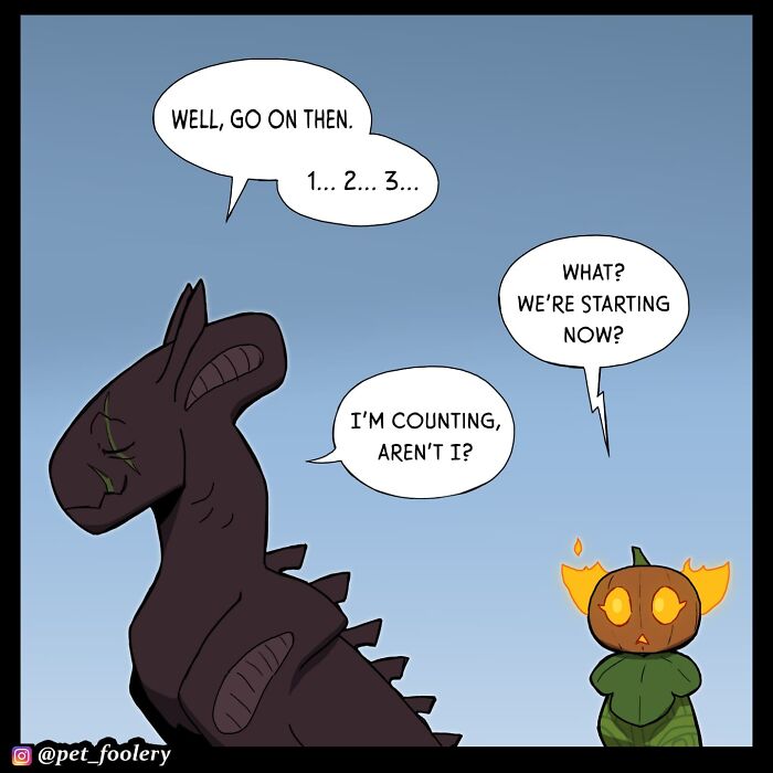 Pet Foolery comic showing a playful pumpkin-headed character and dark creature in a pumpkin patch playing hide-and-seek.