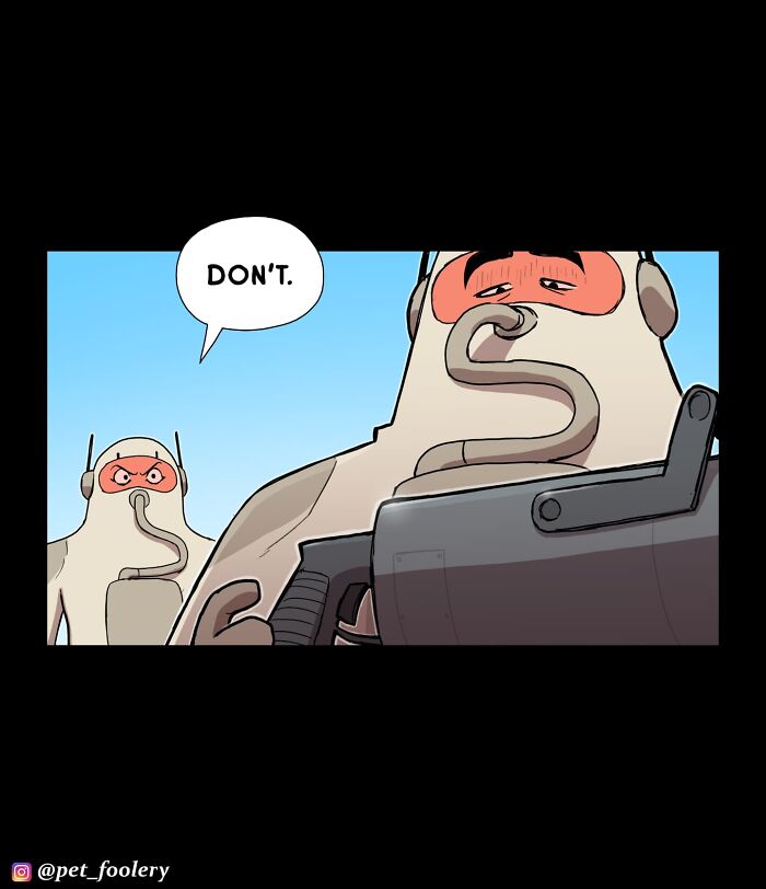 Comic from Pet Foolery shows two characters in protective suits, one firing a colorful energy weapon as the other asks what they are doing.