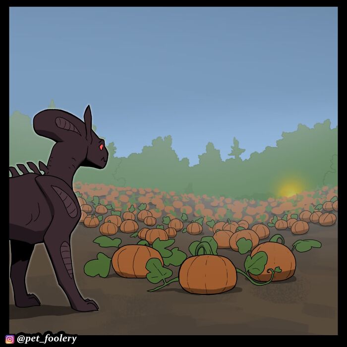 Pet Foolery comic showing a playful pumpkin-headed character and dark creature in a pumpkin patch playing hide-and-seek.