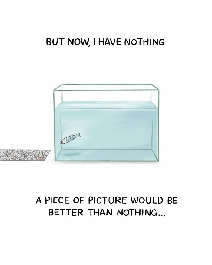 Comic art showing a fish preferring gravel in a tank, highlighting the sad reality of many animals on this planet.
