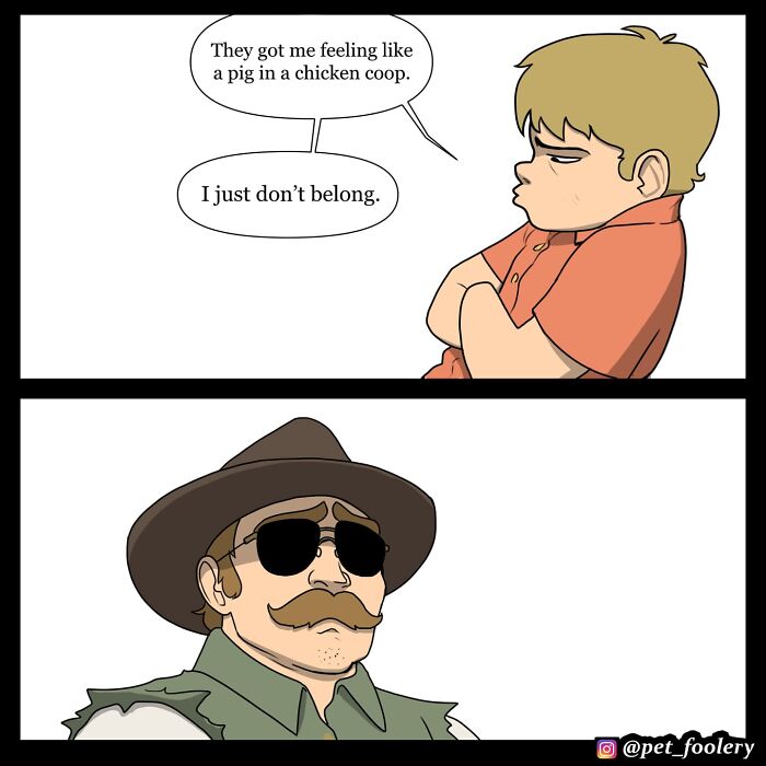 Boy and man in a car discussing the boy’s first day, featured in Pet Foolery comics about relatable pet humor.