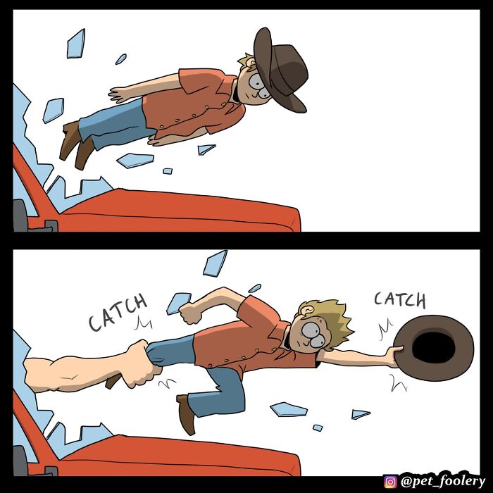 Boy and man in a car discussing the boy’s first day, featured in Pet Foolery comics about relatable pet humor.