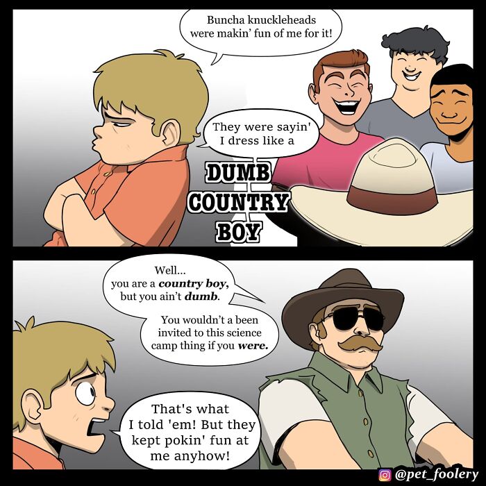 Boy and man in a car discussing the boy’s first day, featured in Pet Foolery comics about relatable pet humor.