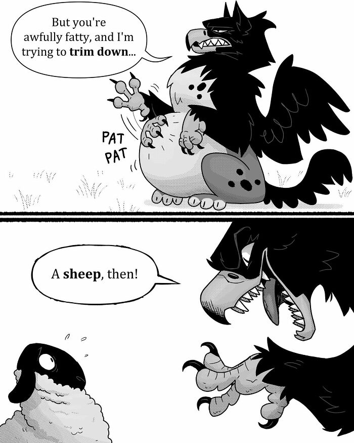 Comic panel featuring animals debating calories with a stressed bird, highlighting pet foolery humor and relatable pet comics.