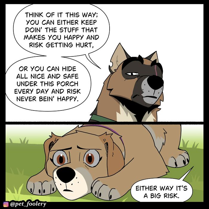 A dog hides under a porch after trauma while a cat with a bow tie asks about experience with traumatic events in pet foolery comics.
