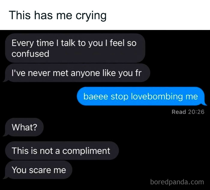 Text message conversation meme showing confusing compliments and reaction, part of entertaining posts and memes to fight boredom.