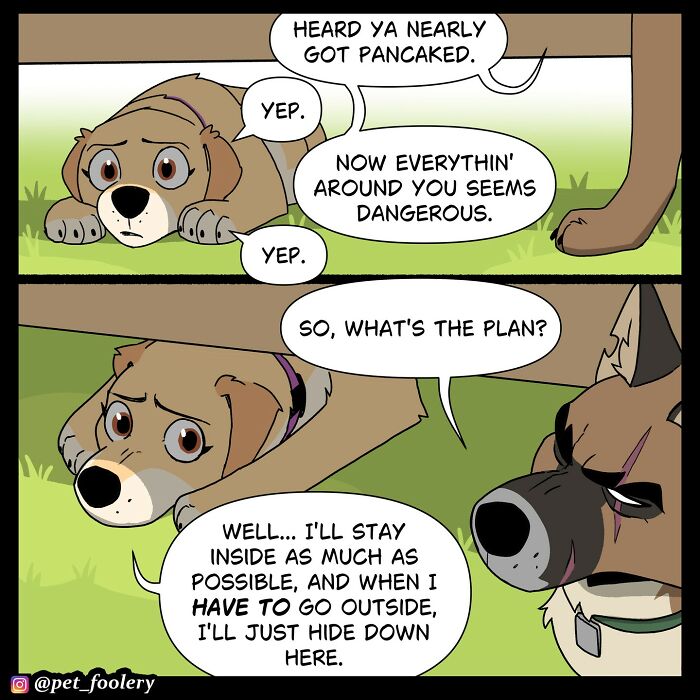 A dog hides under a porch after trauma while a cat with a bow tie asks about experience with traumatic events in pet foolery comics.