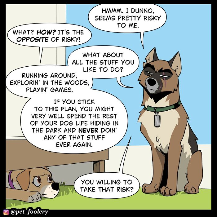 A dog hides under a porch after trauma while a cat with a bow tie asks about experience with traumatic events in pet foolery comics.