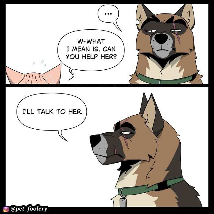 A dog hides under a porch after trauma while a cat with a bow tie asks about experience with traumatic events in pet foolery comics.