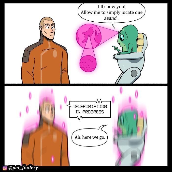 Alien and human discussing a bunny in a Pet Foolery comic, showcasing humorous and relatable pet moments.