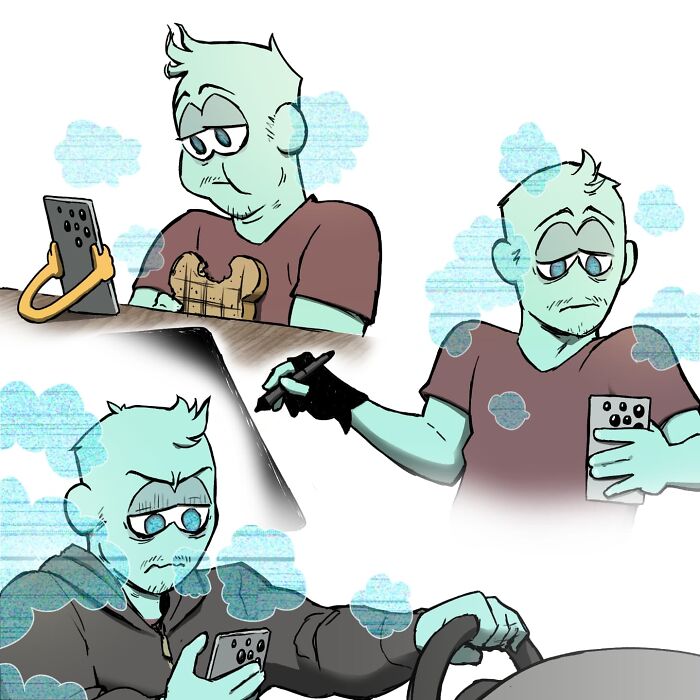 Illustration from pet foolery comics showing a tired man in bed with a phone and a hand reaching for it.