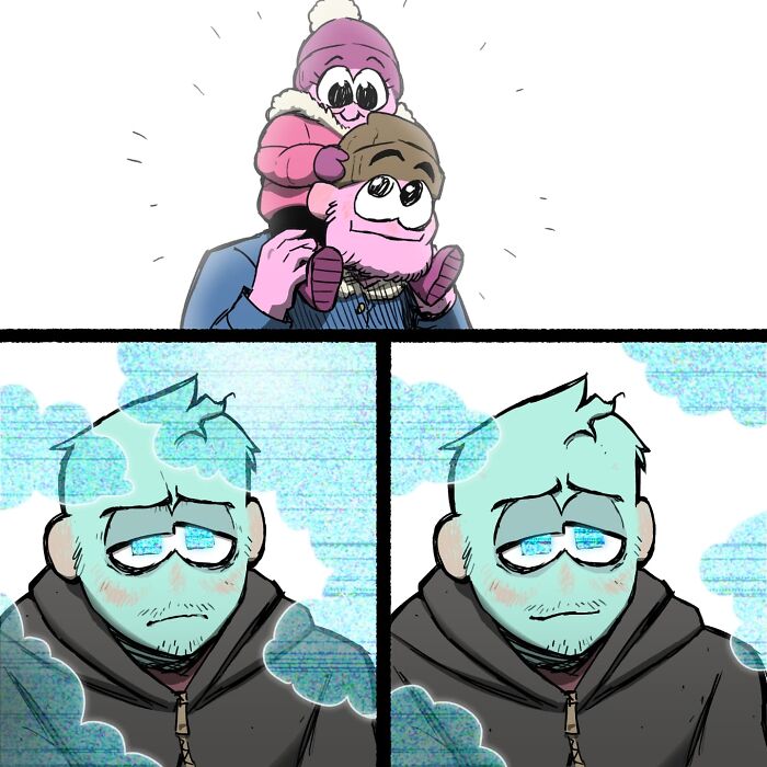 Illustration from pet foolery comics showing a tired man in bed with a phone and a hand reaching for it.