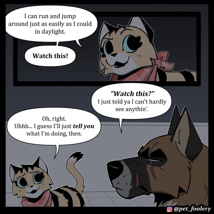 Dark comic panels show a cat and dog discussing visibility and night vision in a humorous pet foolery comic style.