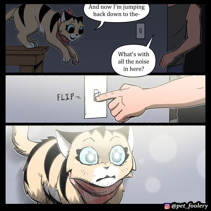 Dark comic panels show a cat and dog discussing visibility and night vision in a humorous pet foolery comic style.