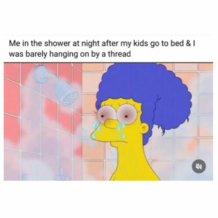 Cartoon character crying in the shower at night, illustrating the struggles of parenting in a funny parenting meme.