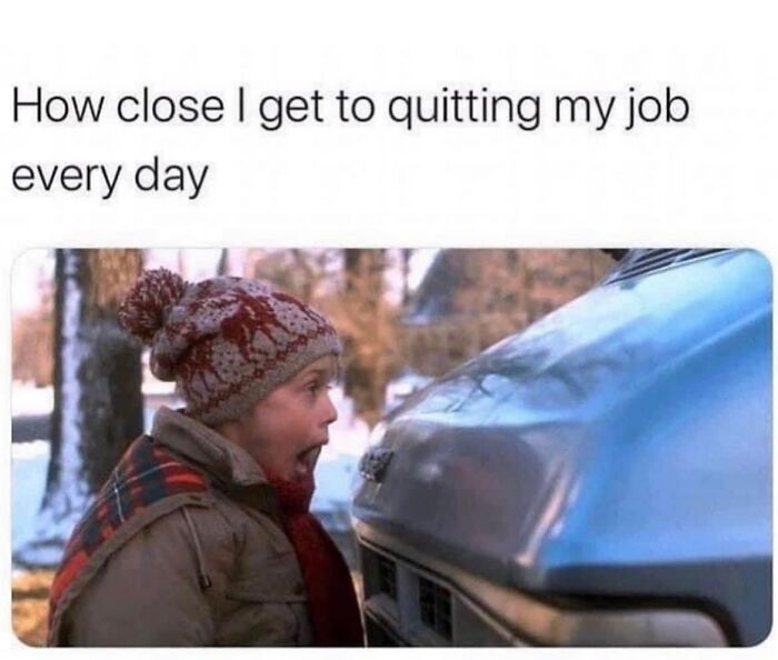 Child in winter hat showing shock at dented car hood, illustrating work memes about wanting to quit job every day.