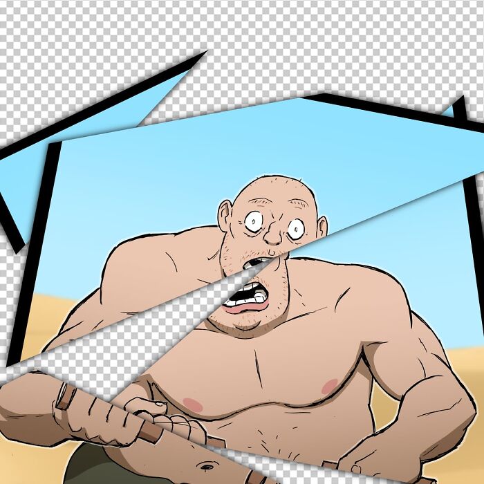 Comic panel from Pet Foolery showing a bearded warrior shocked to face a scrawny old hermit with a flimsy sword.