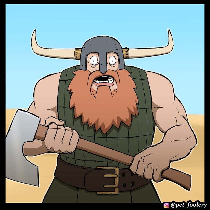 Comic panel from Pet Foolery showing a bearded warrior shocked to face a scrawny old hermit with a flimsy sword.