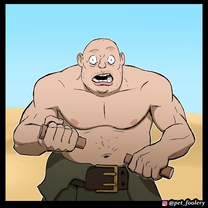 Comic panel from Pet Foolery showing a bearded warrior shocked to face a scrawny old hermit with a flimsy sword.