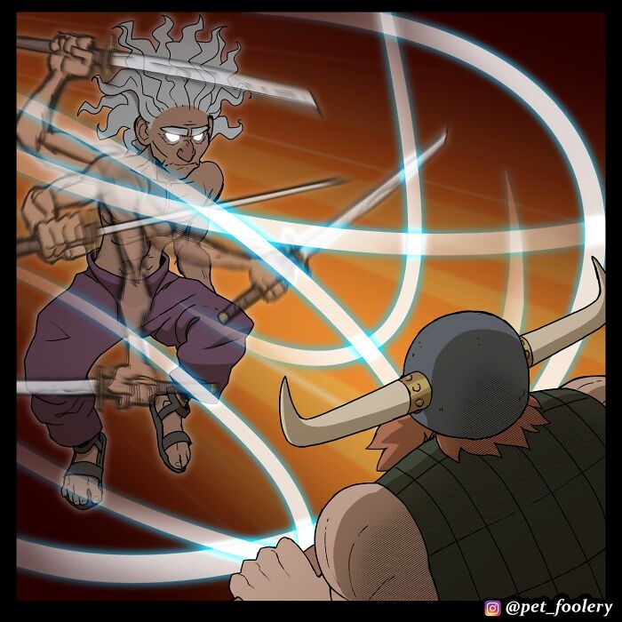 Comic panel from Pet Foolery showing a bearded warrior shocked to face a scrawny old hermit with a flimsy sword.