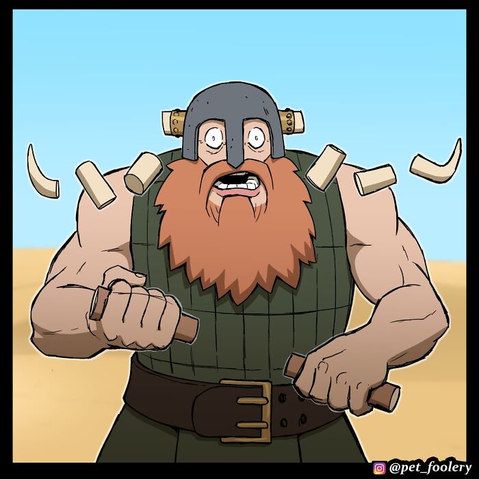 Comic panel from Pet Foolery showing a bearded warrior shocked to face a scrawny old hermit with a flimsy sword.