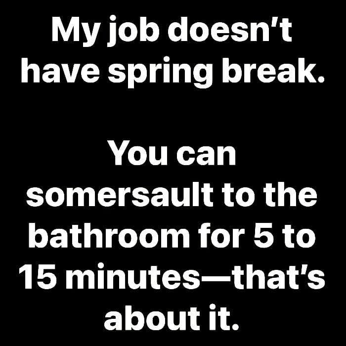 Work meme stating no spring break, only short bathroom breaks of 5 to 15 minutes in a humorously accurate way.