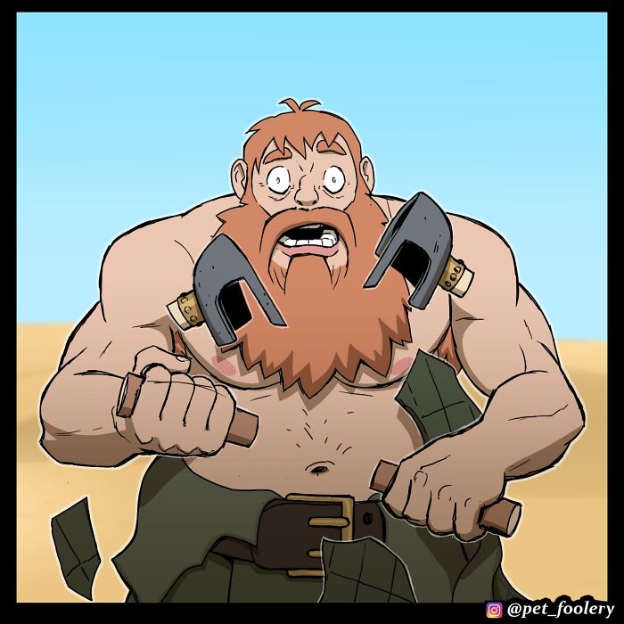 Comic panel from Pet Foolery showing a bearded warrior shocked to face a scrawny old hermit with a flimsy sword.