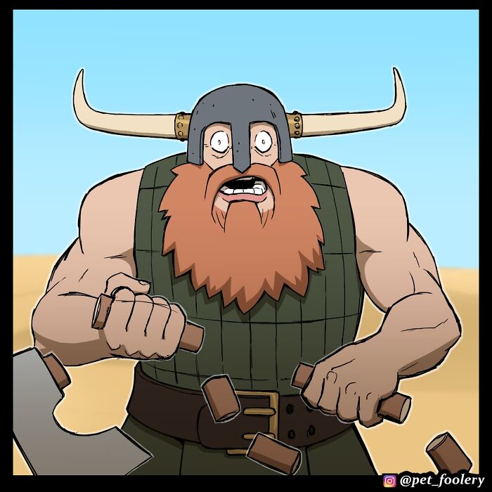Comic panel from Pet Foolery showing a bearded warrior shocked to face a scrawny old hermit with a flimsy sword.