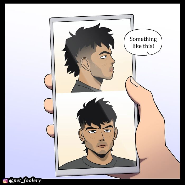 Two men in a comic, one sitting in a chair showing pictures, the other asking about haircut style in Pet Foolery comics.