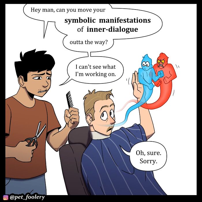 Two men in a comic, one sitting in a chair showing pictures, the other asking about haircut style in Pet Foolery comics.