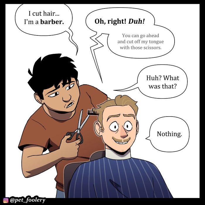 Two men in a comic, one sitting in a chair showing pictures, the other asking about haircut style in Pet Foolery comics.