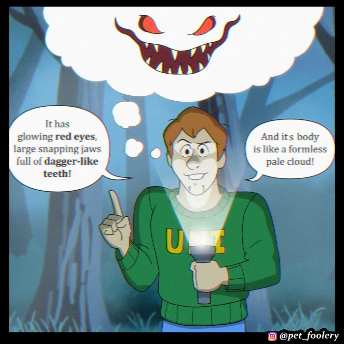 Two people and a dog in a comic-style forest scene, featuring pet foolery and a ghostly monster mention.