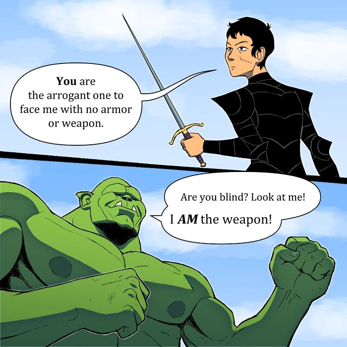 Comic panel featuring a humorous fantasy battle scene illustrating pet foolery with a giant green ogre and a small warrior.