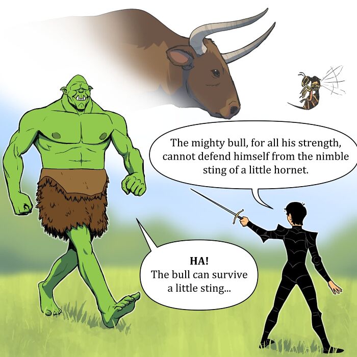 Comic panel featuring a humorous fantasy battle scene illustrating pet foolery with a giant green ogre and a small warrior.