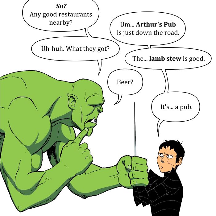 Comic panel featuring a humorous fantasy battle scene illustrating pet foolery with a giant green ogre and a small warrior.