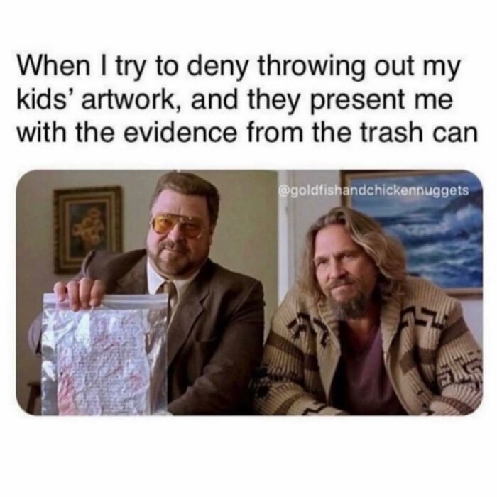 Two men in a scene representing funny parenting moments about kids presenting evidence from the trash can artwork.