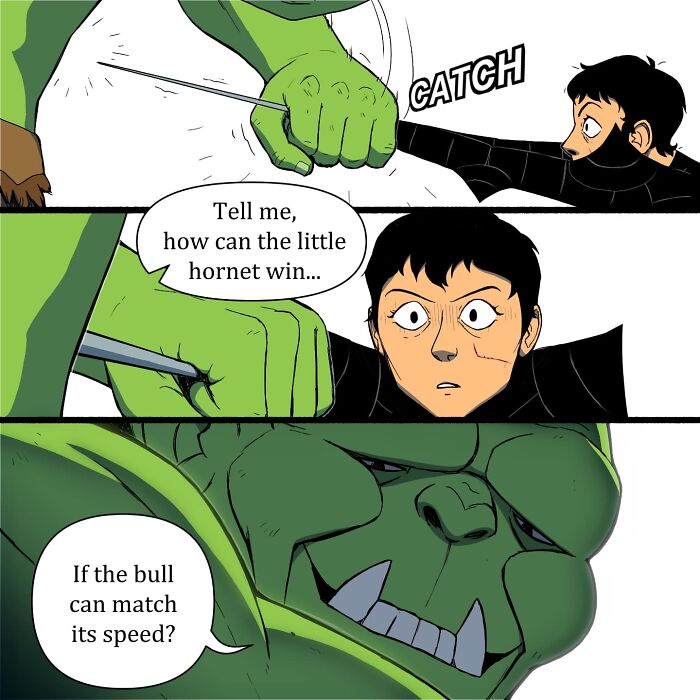 Comic panel featuring a humorous fantasy battle scene illustrating pet foolery with a giant green ogre and a small warrior.