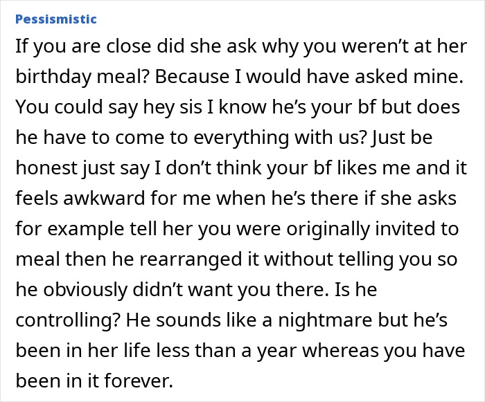 Text advice about dealing with a sister's boyfriend who seems fake and controlling in a family setting. Text advice about dealing with a sister's boyfriend who seems fake and controlling in a family setting.