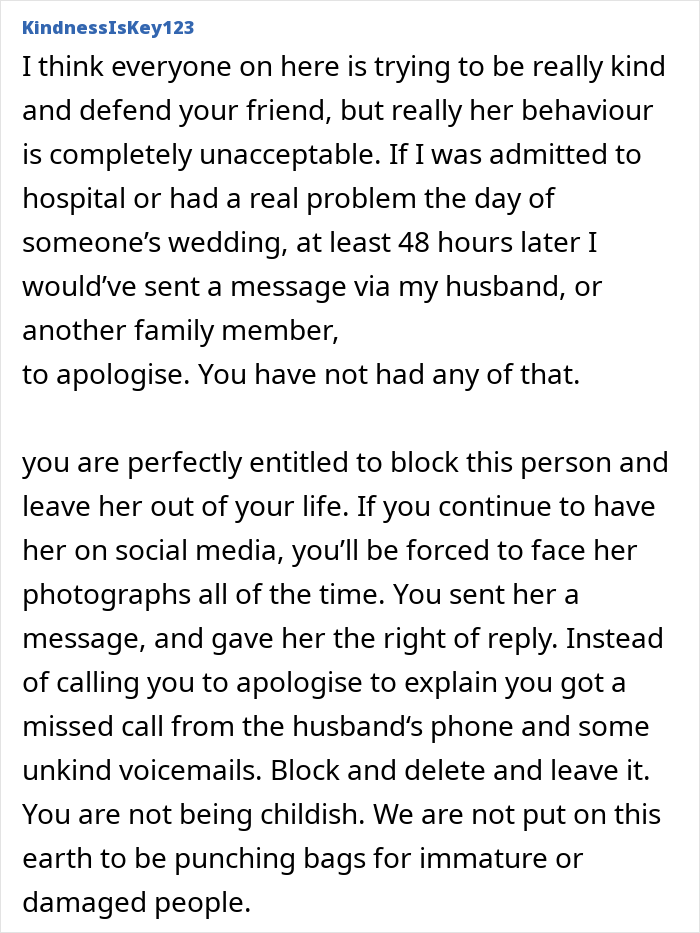 Comment discussing a woman’s flaky behavior, missing a friend’s wedding, and sending a malicious voicemail. Comment discussing a woman’s flaky behavior, missing a friend’s wedding, and sending a malicious voicemail.