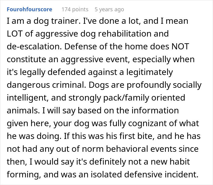 Comment from dog trainer explaining dog attacks stalker in home as a defensive incident, not aggressive behavior. Comment from dog trainer explaining dog attacks stalker in home as a defensive incident, not aggressive behavior.