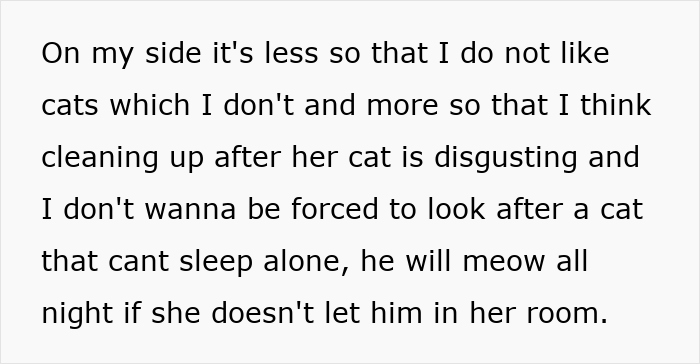 Text showing a roommate refusing cat duties, expressing frustration about cleaning the litter box and dealing with a meowing cat.