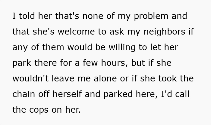 Text excerpt showing a confrontation where a young woman threatens cops regarding parking and a pregnant woman situation. Text excerpt showing a confrontation where a young woman threatens cops regarding parking and a pregnant woman situation.