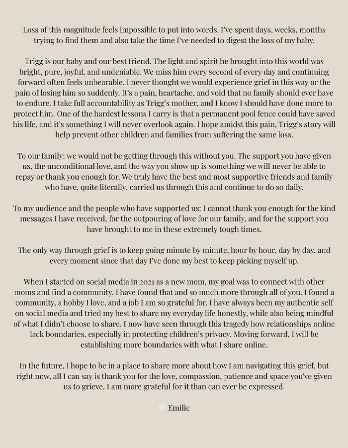 Public statement by momfluencer taking full accountability after 3-year-old's tragic drowning in home pool. Public statement by momfluencer taking full accountability after 3-year-old's tragic drowning in home pool.