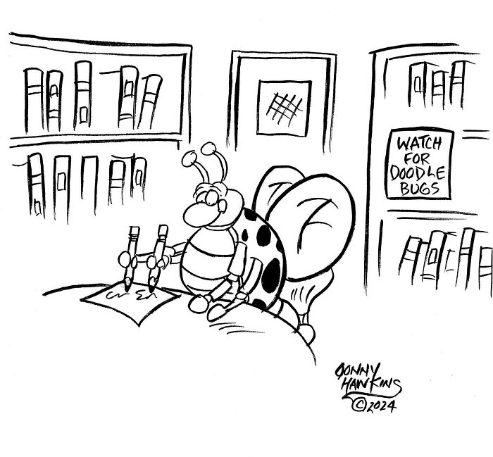 Playful one-panel comic by Jonathan Ray Hawkins showing a bug drawing with two pencils in a library setting.